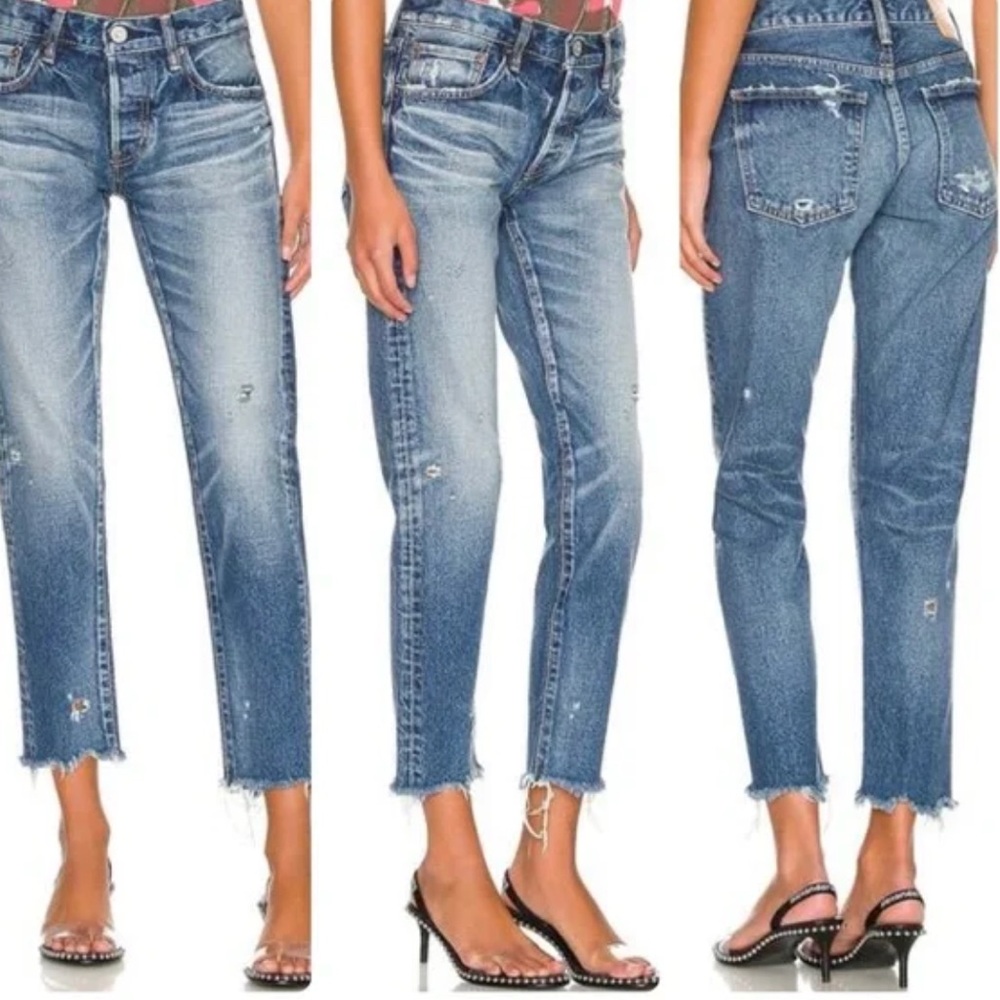 Moussy Vintage Howa Tapered Jeans  Blue Distressed Raw Hem Button Fly  Size 25